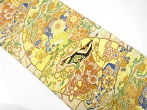 アンティーク　桧扇に草花・古典柄織り出し丸帯（材料）